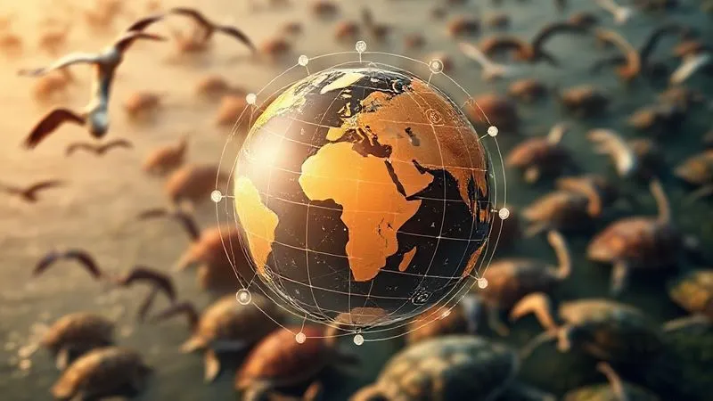 A photorealistic, professional photography, 8K image depicting a globe with interconnected lines and symbols representing international cooperation and legal agreements, superimposed over a backdrop of diverse, migrating wildlife (e.g., cranes flying across borders, marine turtles swimming between oceans). The globe should be subtly glowing, suggesting hope and shared responsibility. Cinematic lighting, sharp focus on the globe and symbols, depth of field blurring the background wildlife, shot on a high-end DSLR, symbolizing global efforts in conservation.