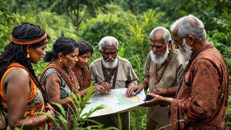 A photorealistic, professional photography, 8K image showing a diverse group of local community members and Indigenous elders collaborating with scientists and legal experts in a lush, biodiverse landscape. They are gathered around a map or a digital tablet, pointing and discussing, with symbols of traditional knowledge (e.g., carvings, patterns) subtly integrated with modern scientific tools. Cinematic lighting, sharp focus on the faces and interactions, depth of field blurring the background, shot on a high-end DSLR, emphasizing collaborative conservation.