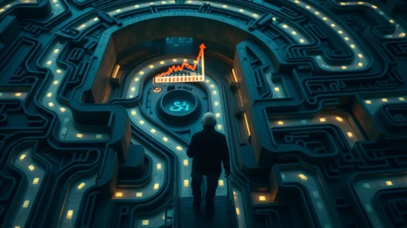 Photorealistic, professional photography, 8K, cinematic lighting, sharp focus, depth of field. A complex, winding labyrinth with subtle glowing paths, viewed from above, with a silhouette of an elderly person at the entrance looking towards a distant, blurred financial graph. The atmosphere conveys a sense of uncertainty and the need for a clear path.