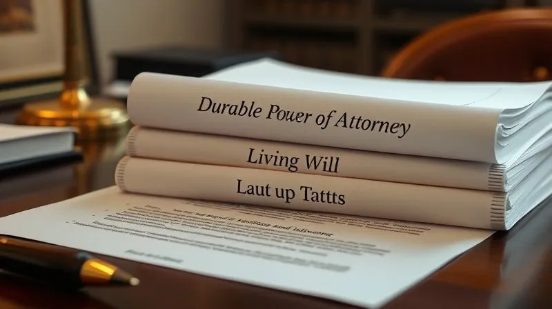 Photorealistic, professional photography, 8K, cinematic lighting, sharp focus, depth of field. A meticulously arranged desk with a stack of essential legal documents: a Durable Power of Attorney, a Living Will, and a Last Will and Testament, all with official-looking seals. A warm, reassuring light illuminates the documents, implying security and clarity.