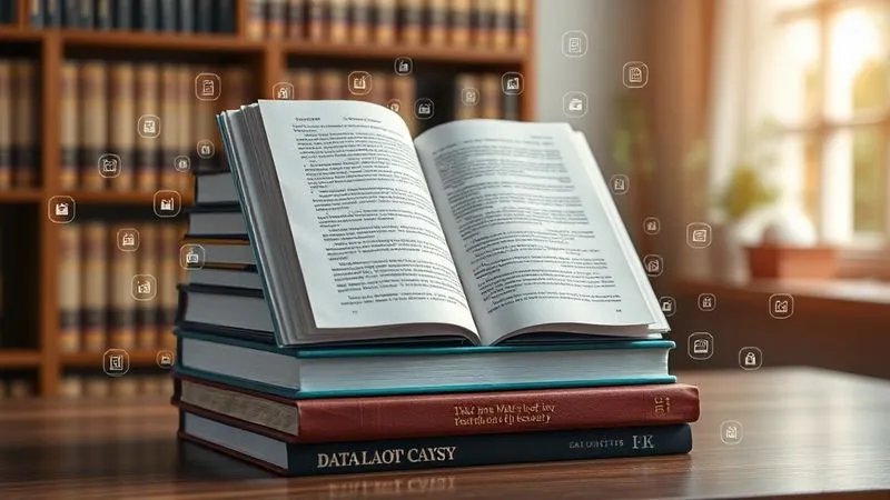 A photorealistic image of a stack of legal textbooks, with one open to a page discussing data privacy laws, surrounded by digital icons representing student data and security, cinematic lighting, sharp focus, depth of field, 8K hyper-detailed, professional photography, shot on a high-end DSLR.