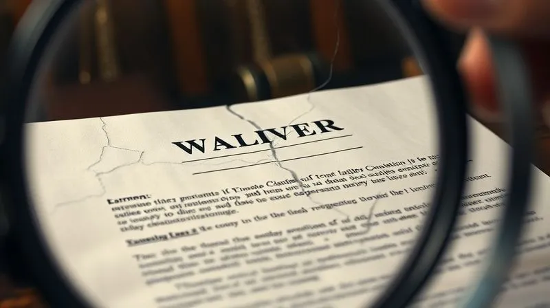A photorealistic image of a legal document (waiver) being scrutinized under a magnifying glass, with subtle cracks appearing around key clauses, symbolizing vulnerability and potential legal challenges. The lighting is dramatic, emphasizing the fragility, with a sharp focus on the document and a blurred background of a court setting. Shot on a high-end DSLR, 8K, cinematic lighting, depth of field.