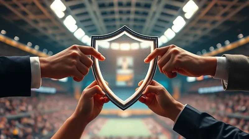 A photorealistic image of a strong, interlocked legal shield formed by multiple hands working together, symbolizing robust collective legal protection for sports events. The hands represent different aspects: legal counsel, event organizers, safety teams. The shield glows softly with a determined, encouraging light against a slightly blurred background of a bustling sports arena. Warm, encouraging cinematic lighting, sharp focus on the hands and shield, depth of field. Shot on a high-end DSLR, 8K, professional photography.