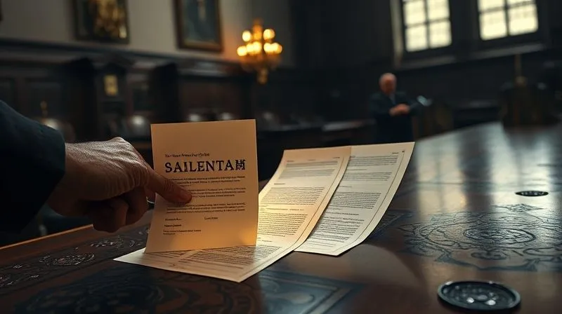 photorealistic, professional photography, 8K, cinematic lighting, sharp focus, depth of field, shot on a high-end DSLR, a weathered, determined hand meticulously arranging three distinct, glowing legal documents on a dark, ornate wooden table, each representing one prong of the Brunner Test, with a blurred background of a dimly lit, solemn courtroom.