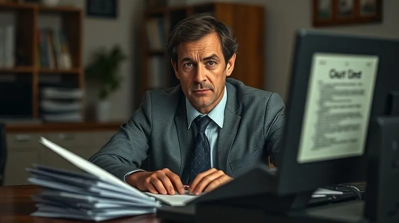 photorealistic, professional photography, 8K, cinematic lighting, sharp focus, depth of field, shot on a high-end DSLR, a person, dressed professionally but looking weary, sits at a desk piled with legal documents, their face illuminated by the glow of a computer screen displaying a court document, conveying a sense of diligent struggle and hopeful persistence. The background is a home office, slightly blurred to emphasize the person.