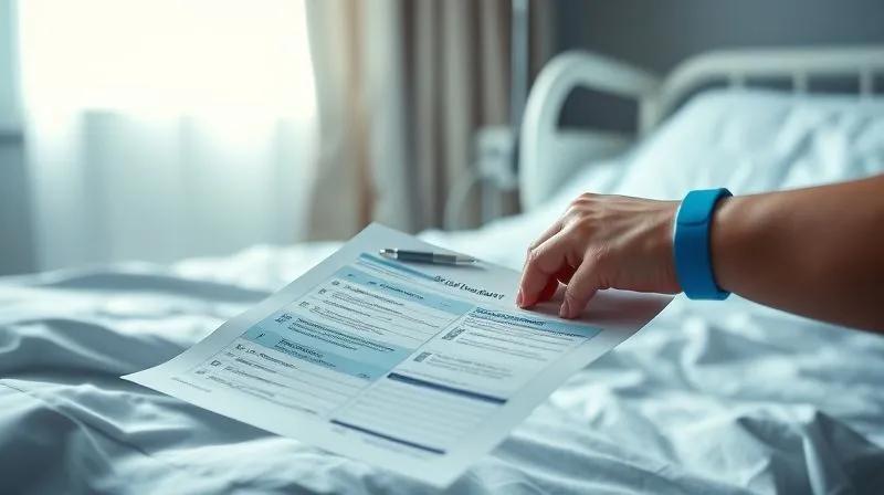 photorealistic, professional photography, 8K, cinematic lighting, sharp focus, depth of field, shot on a high-end DSLR. A medical chart with urgent notes, a hospital wristband, and a worried hand resting on a bedside railing, conveying the immediate, stressful nature of a health crisis. Soft, diffuse light from a hospital window.