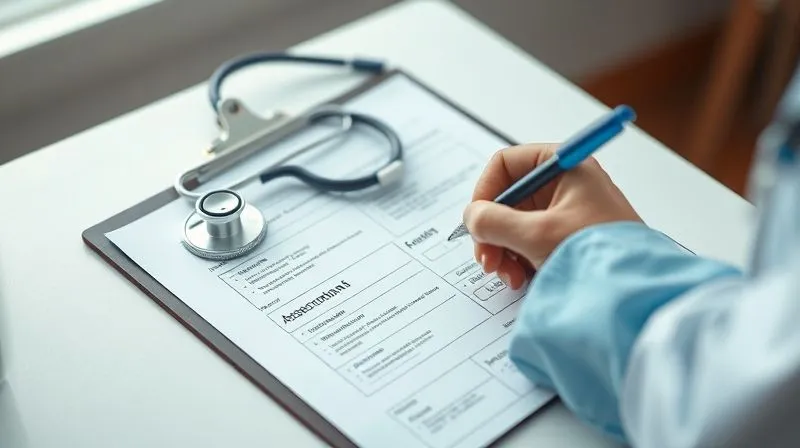 photorealistic, professional photography, 8K, cinematic lighting, sharp focus, depth of field, shot on a high-end DSLR. A clipboard with detailed medical assessment forms, a doctor's stethoscope, and a focused hand making notes, emphasizing the meticulous documentation required for long-term care qualification. Bright, clinical yet comforting light.