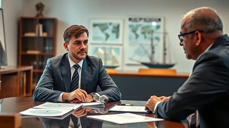 photorealistic, professional photography, 8K, cinematic lighting, sharp focus, depth of field, shot on a high-end DSLR. A maritime lawyer, dressed professionally, intently listening to a seafarer in a modern, well-lit office. Legal documents are spread on the table. The lawyer's expression is empathetic and focused, conveying trust and expertise. The background subtly includes maritime charts or ship models, hinting at the specialization.