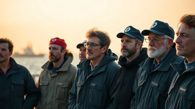 photorealistic, professional photography, 8K, cinematic lighting, sharp focus, depth of field, shot on a high-end DSLR. A diverse group of seafarers, representing different nationalities, standing together on a dockside, looking out at a distant, hazy horizon. Their expressions are a mix of weariness and quiet determination, conveying resilience against adversity. The soft, golden light of dawn or dusk illuminates their faces.