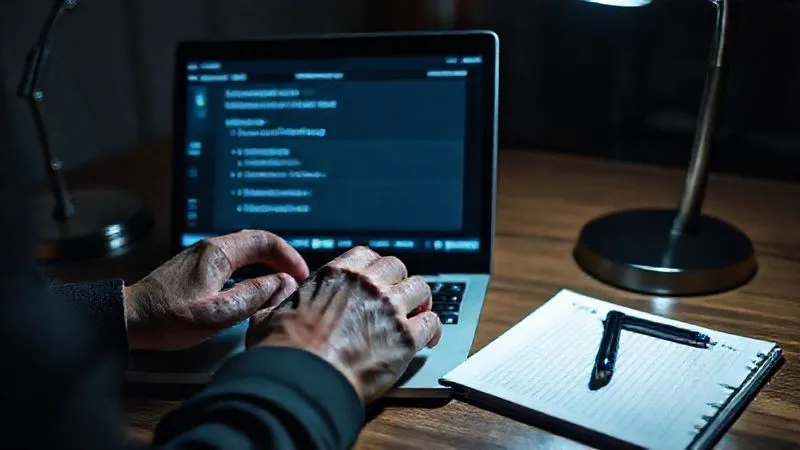 A photorealistic image of a person's hands meticulously documenting digital evidence on a laptop, with a notepad and pen beside them. The screen displays blockchain transaction details and wallet addresses, illuminated by a focused desk lamp. Professional photography, 8K, cinematic lighting, sharp focus on the hands and screen, depth of field blurring the background, shot on a high-end DSLR.