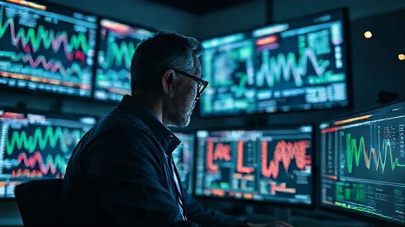 A photorealistic image of a blockchain forensics expert in a modern, dimly lit office, intensely focused on multiple large monitors displaying complex graphs, transaction flows, and wallet clusters. The screens show intricate data visualizations of cryptocurrency movements. Professional photography, 8K, cinematic lighting, sharp focus on the expert and screens, depth of field blurring the background, shot on a high-end DSLR.