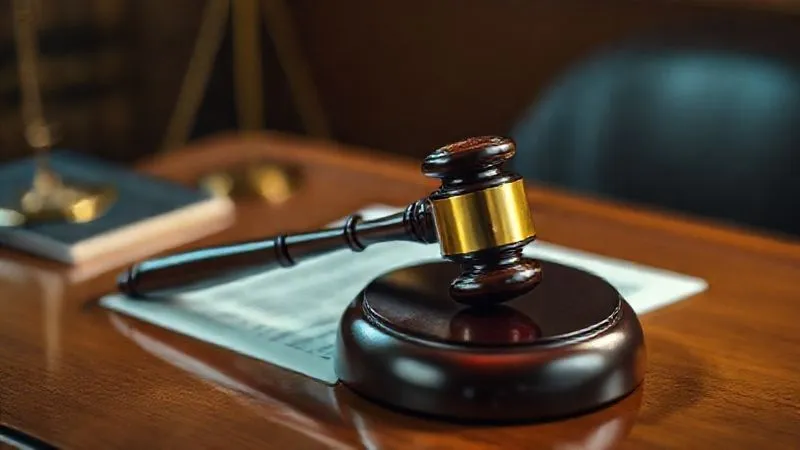 A photorealistic image of a judge's gavel resting on a legal brief, with a glowing, intricate blockchain visualization subtly overlaid or reflected on the polished wooden surface. The scene is professional and serious, with cinematic lighting emphasizing the gavel and the digital elements. Professional photography, 8K, cinematic lighting, sharp focus on the gavel and blockchain, depth of field blurring the background, shot on a high-end DSLR.