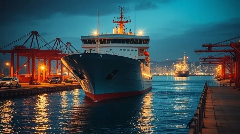 A photorealistic, professional photography, 8K image of a large commercial vessel anchored in a foreign port, with legal documents subtly overlaid or reflected on the ship's hull. The scene is slightly tense, with a sense of anticipation. Cinematic lighting, sharp focus on the vessel, depth of field blurring the distant city, shot on a high-end DSLR.