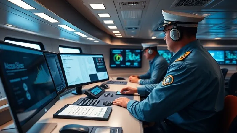A photorealistic, professional photography, 8K image of a modern ship's bridge, clean and well-organized, with a captain and crew member meticulously reviewing digital charts and compliance checklists on screens. The atmosphere is calm, controlled, and highly professional. Cinematic lighting, sharp focus on the crew and screens, depth of field blurring the background, shot on a high-end DSLR.