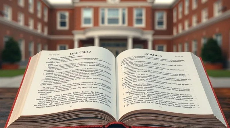 A photorealistic, detailed image of open legal code books, specifically showing sections related to public official conduct, with a blurred background of a school building, cinematic lighting, 8K hyper-detailed.