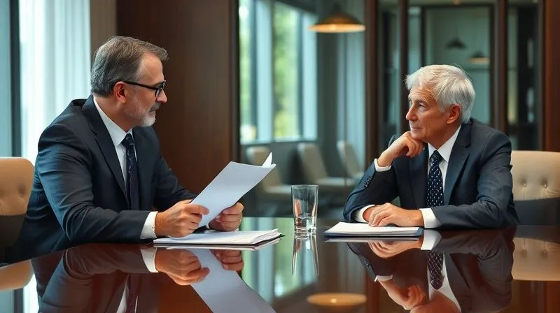 A photorealistic, professional image of a legal consultation in progress. Two individuals, one a lawyer with legal documents, and another a concerned citizen, are seated at a polished conference table, discussing intensely. Soft, natural light, sharp focus on their expressions, 8K.