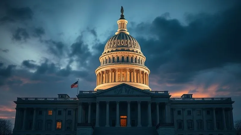 A photorealistic, powerful image of a state capitol building at dusk, with a spotlight on the legislative dome, symbolizing governmental authority and legal processes. Sharp focus, dramatic cinematic lighting, 8K.