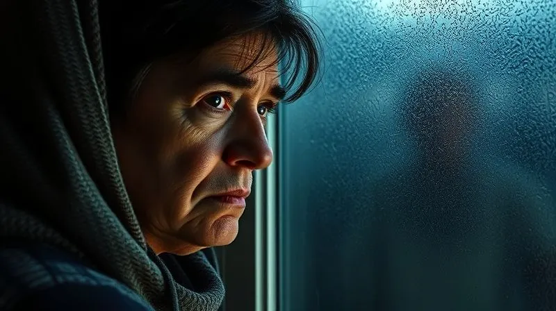 A photorealistic image of a concerned family member looking through a frosted glass door at an elderly loved one, who appears isolated or distressed, with subtle shadows creating a sense of unease. The family member's face shows worry and determination, shot with cinematic lighting, sharp focus on their expression, and a shallow depth of field, 8K hyper-detailed.