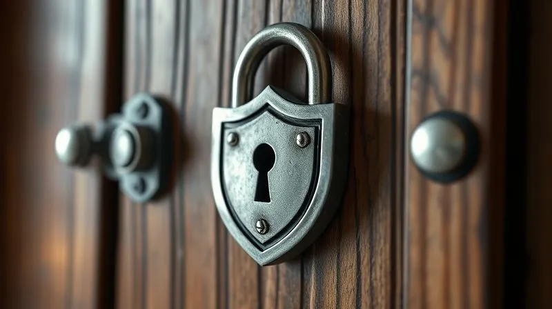 A photorealistic, professional photography, 8K, cinematic lighting, sharp focus, depth of field, shot on a high-end DSLR image of an intricate, secure lock on a heavy wooden door, with a keyhole shaped like a shield, symbolizing robust legal safeguards and prevention against abuse. The lighting highlights the texture of the wood and metal, conveying strength and security.
