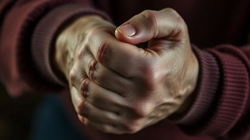 photorealistic, professional photography, 8K, cinematic lighting, sharp focus, depth of field, shot on a high-end DSLR. A close-up of a senior's hand subtly clutching a wrist, with faint bruising barely visible, conveying hidden distress and vulnerability. The lighting is somber, emphasizing the gravity of unseen suffering.