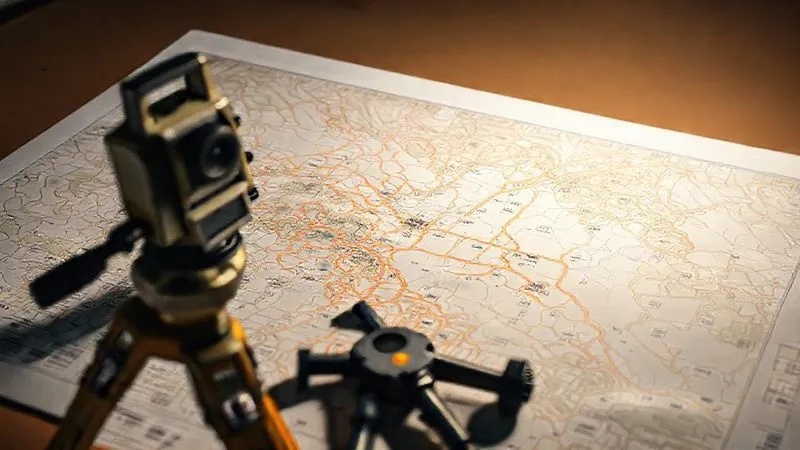 A photorealistic image of a detailed land survey map with highlighted property lines, a surveyor's tools (e.g., prism pole, total station) in the foreground, cinematic lighting, 8K, sharp focus on the map, depth of field blurring the background, shot on a high-end DSLR.