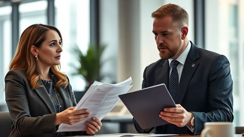 A photorealistic image of two professional individuals in a well-lit, modern office setting, one delivering difficult news with a compassionate but firm expression, the other listening intently, the atmosphere is serious but respectful, professional photography, 8K, cinematic lighting, sharp focus on their faces, depth of field blurring the background, shot on a high-end DSLR.