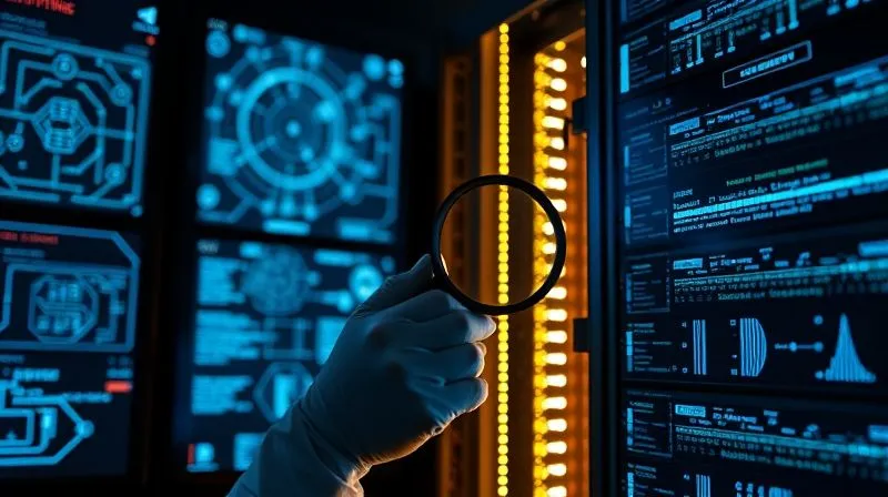 A photorealistic, professional photography, 8K, cinematic lighting, sharp focus, depth of field, shot on a high-end DSLR. A digital forensic analyst wearing protective gloves, meticulously examining a glowing server rack with a magnifying glass, surrounded by complex network diagrams and code on multiple screens. The scene is dark but illuminated by the blue light of the screens, conveying intense focus and the intricate nature of digital evidence collection.