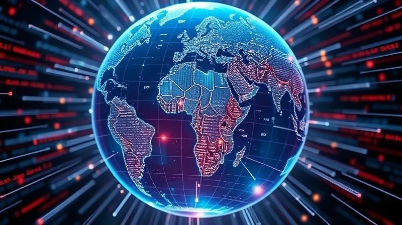 A photorealistic, professional photography, 8K, cinematic lighting, sharp focus, depth of field, shot on a high-end DSLR. A stylized, glowing digital globe surrounded by overlapping international legal documents and treaties, with lines of code emanating from different countries and converging. The lighting is dramatic, emphasizing the complexity and interconnectedness of international cyber law.