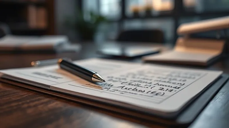 photorealistic, professional photography, 8K, cinematic lighting, sharp focus, depth of field, shot on a high-end DSLR. A close-up of a legal pad with detailed handwritten notes, a pen resting beside it, and a blurred background of a dimly lit office, emphasizing the importance of meticulous record-keeping.
