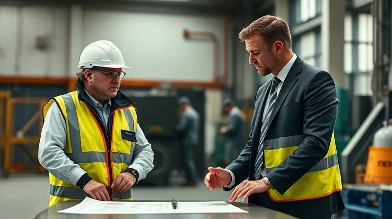 photorealistic, professional photography, 8K, cinematic lighting, sharp focus, depth of field, shot on a high-end DSLR. Two professional individuals, one in a safety vest and one in business attire, standing in an industrial setting, engaged in a serious but calm discussion, with a blueprint or safety checklist visible on a table between them, conveying clear communication and problem-solving.
