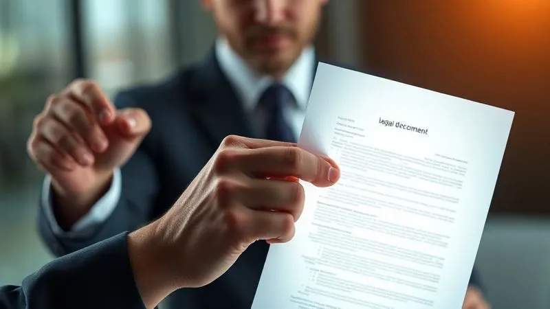 A photorealistic image of a hand holding a glowing digital legal document, with a strong, determined expression on a blurred legal professional in the background. The document emanates a sense of authority and action, representing the process of issuing legal notices and pursuing litigation. Professional photography, 8K, cinematic lighting, sharp focus on the document, depth of field blurring the background, shot on a high-end DSLR.