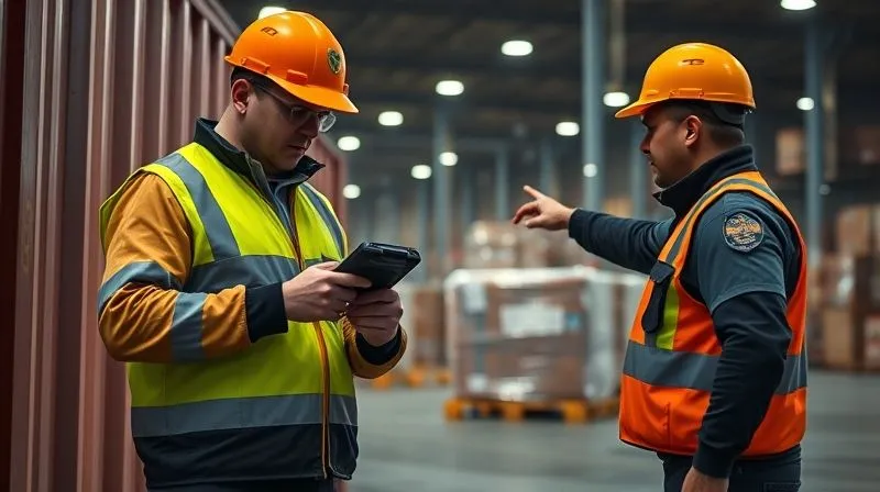 A photorealistic, professional photography, 8K, cinematic lighting, sharp focus, depth of field, shot on a high-end DSLR. A customs officer, wearing a high-visibility vest, uses a handheld scanner to examine a shipping container's manifest while another officer points to a suspicious pallet of goods in the background, dimly lit within a vast customs warehouse. The scene emphasizes suspicion and the initial stages of interception.