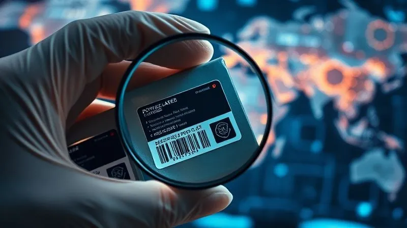 A photorealistic, professional photography, 8K, cinematic lighting, sharp focus, depth of field, shot on a high-end DSLR. A holographic security label on a product package is being examined under a magnifying glass by a hand in a white glove, with a background of glowing digital data streams and a subtle world map, symbolizing advanced technology in brand protection and global reach.