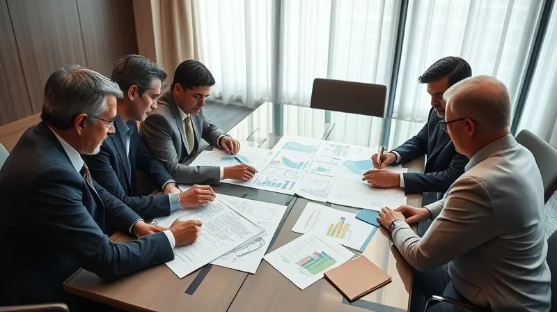 photorealistic, professional photography, 8K, cinematic lighting, sharp focus, depth of field, shot on a high-end DSLR, a diverse team of legal and financial professionals, including a family law attorney, a forensic accountant, and a tax specialist, gathered around a large conference table, intently reviewing complex business documents and financial charts. The atmosphere is serious and focused, conveying collaboration and expertise.