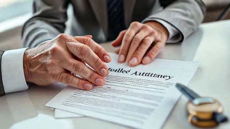A photorealistic, professional photography, 8K, cinematic lighting, sharp focus, depth of field, shot on a high-end DSLR, depicting two hands, one older and one younger, reviewing a stack of legal documents with "Durable Power of Attorney" visible on the top page, in a clean, well-lit office setting, symbolizing the transfer of responsibility and trust.