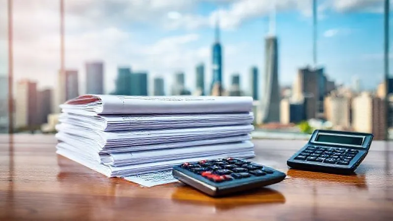 A photorealistic, professional photography, 8K, cinematic lighting, sharp focus, depth of field, shot on a high-end DSLR, depicting a stack of diverse insurance policy documents and a financial calculator on a polished wooden desk, with a blurred background of a bustling city skyline, symbolizing comprehensive financial protection.
