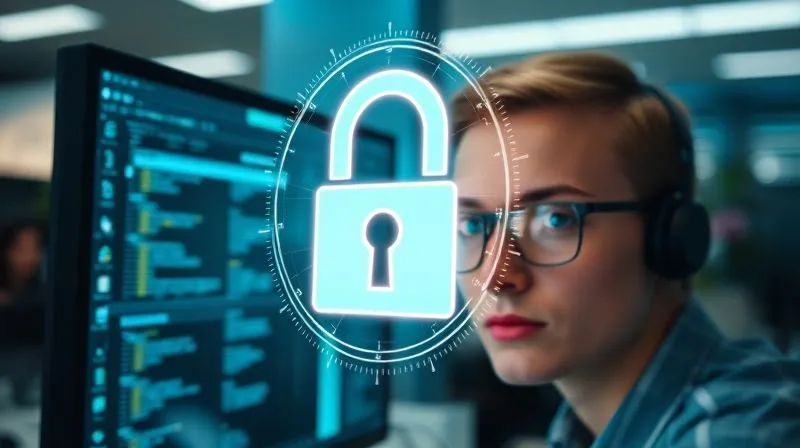 A photorealistic, professional photograph of a secure, modern office environment with a glowing padlock icon superimposed over a computer screen, reflecting in an employee's focused eyes. Cinematic lighting, sharp focus on the screen and padlock, depth of field blurring the background. 8K, shot on a high-end DSLR, conveying digital security and employee awareness.