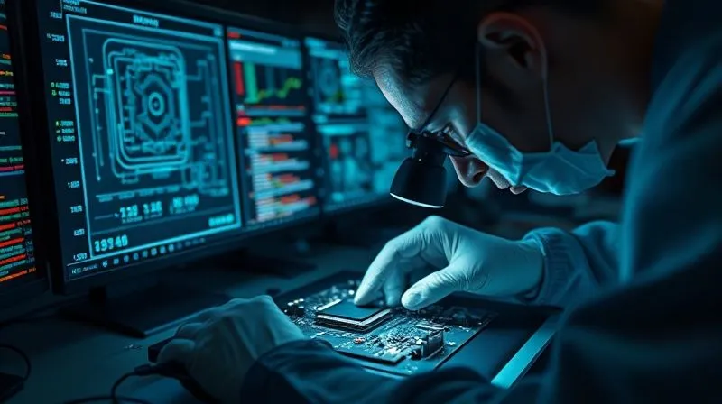A photorealistic, professional photograph of a digital forensics expert wearing gloves, carefully examining a laptop motherboard under a magnifying glass, surrounded by complex circuit diagrams and glowing data streams on multiple monitors in a dim, high-tech lab. Cinematic lighting, sharp focus on the expert's hands and the motherboard, depth of field blurring the background. 8K, shot on a high-end DSLR, emphasizing precision and the intricate nature of digital evidence.