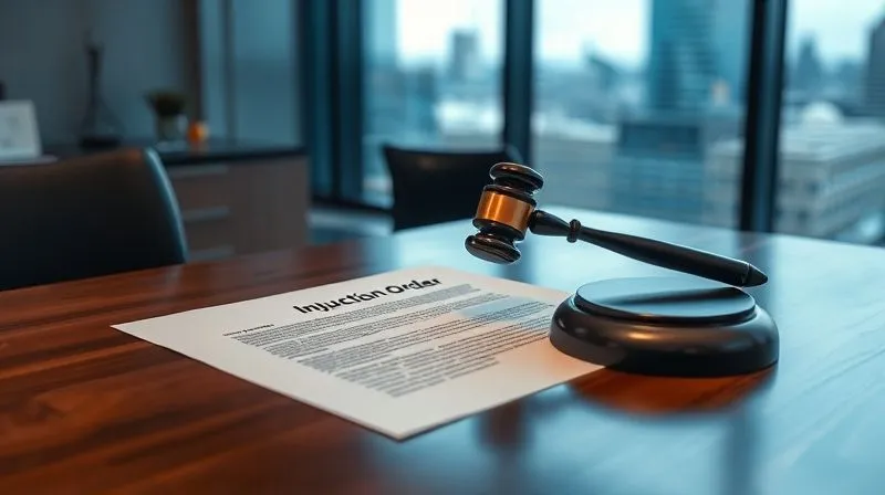 A photorealistic, professional photograph of a legal document titled 'Injunction Order' with a gavel resting on it, placed on a polished wooden desk in a modern, subtly lit law office. The background shows a blurred cityscape through a large window, conveying power and consequence. Cinematic lighting, sharp focus on the document and gavel, depth of field blurring the background. 8K, shot on a high-end DSLR, symbolizing legal enforcement and resolution.