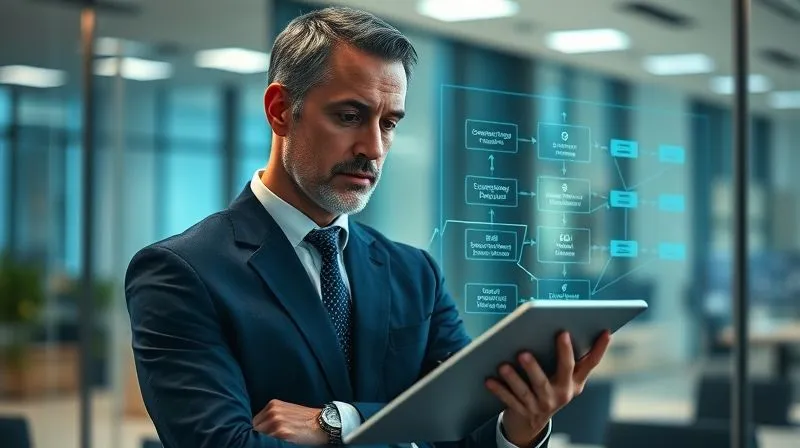 A photorealistic, professional photograph of a business executive thoughtfully reviewing a flow chart on a transparent digital screen, showing interconnected security protocols and data points, in a sleek, modern office. The executive's face reflects deep concentration, with a subtle glow from the screen. Cinematic lighting, sharp focus on the executive and the digital display, depth of field blurring the background. 8K, shot on a high-end DSLR, conveying strategic planning and enhanced security.