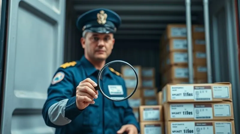 A photorealistic, professional photography, 8K image showing a customs officer in uniform inspecting a shipping container's contents, with stacks of boxes partially open revealing branded products. A magnifying glass is held over a label, indicating scrutiny. The scene is well-lit, conveying diligence and security at a port or border crossing. Sharp focus on the officer and products, depth of field, shot on a high-end DSLR.