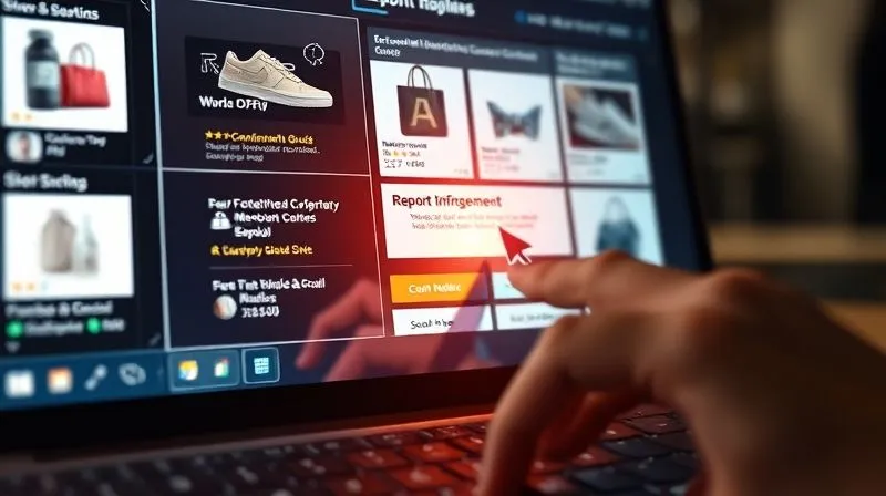 A photorealistic, professional photography, 8K image of a glowing digital interface displaying various e-commerce product listings, some clearly showing counterfeit goods. A cursor hovers over a 'Report Infringement' button, and a hand is visible on a keyboard in the foreground, symbolizing active online enforcement. Cinematic lighting, sharp focus on the screen, depth of field, shot on a high-end DSLR.