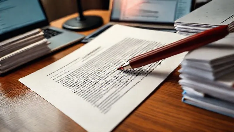 A close-up, photorealistic image of a legal document highlighting a specific clause with a red pen mark, surrounded by stacks of evidence files and a laptop displaying emails, all on a polished desk. Cinematic lighting, sharp focus, depth of field, 8K hyper-detailed, professional photography, shot on a high-end DSLR.