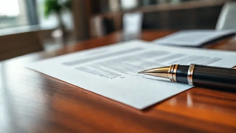A photorealistic close-up of a formal, legal termination letter being signed with a fountain pen, placed on a mahogany desk with a blurred background of a modern corporate office. Cinematic lighting, sharp focus on the letter and pen, depth of field, 8K hyper-detailed, professional photography, shot on a high-end DSLR.