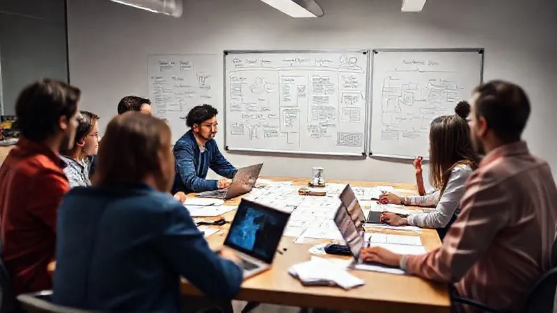 A diverse team of PR professionals intensely brainstorming around a large table, with whiteboards displaying flowcharts and communication strategies. The mood is focused and collaborative, with laptops and documents scattered. Cinematic lighting, sharp focus on the team, depth of field, 8K hyper-detailed, professional photography, shot on a high-end DSLR.