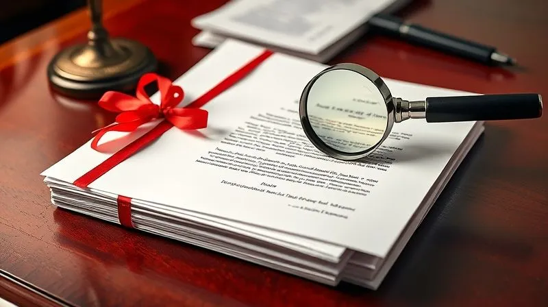 Photorealistic, professional photography, 8K, cinematic lighting, sharp focus, depth of field, shot on a high-end DSLR. A stack of legal documents tied with red tape on a polished mahogany desk, with a magnifying glass resting on a highlighted clause, symbolizing detailed contract analysis and the process of documenting a breach.