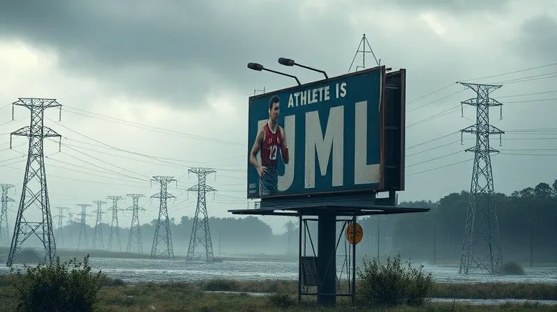 Photorealistic, professional photography, 8K, cinematic lighting, sharp focus, depth of field, shot on a high-end DSLR. A lone, weathered billboard featuring a faded athlete endorsement, standing defiantly amidst a dramatic, stormy landscape with broken power lines and floodwaters, symbolizing the impact of unforeseen external forces on contractual agreements.