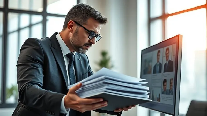 Photorealistic, professional photography, 8K, cinematic lighting, sharp focus, depth of field, shot on a high-end DSLR. Two professional individuals, one a lawyer and the other a brand representative, intensely reviewing a stack of meticulously organized legal documents and digital evidence on a large screen, in a modern, well-lit office, symbolizing thorough legal preparation and documentation.