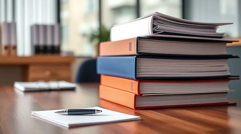 A stack of neatly organized legal binders and files on a polished wooden desk, with a pen and notepad, bathed in soft, professional office lighting. Photorealistic, 8K, cinematic lighting, sharp focus on the binders and files, depth of field blurring the background, shot on a high-end DSLR.