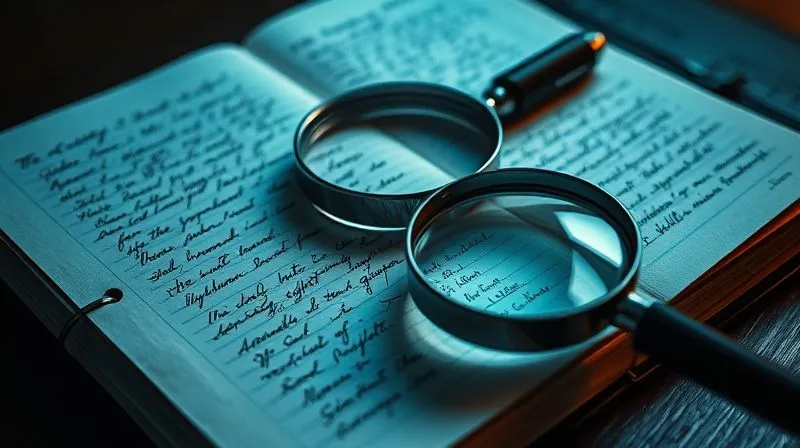 A close-up, low-angle shot of a detective's notebook with illegible handwritten notes and a magnifying glass, suggesting a meticulous investigation. The scene is lit with dramatic, focused lighting, highlighting the details. Professional photography, 8K, cinematic lighting, sharp focus on the notebook, depth of field blurring the background, shot on a high-end DSLR.